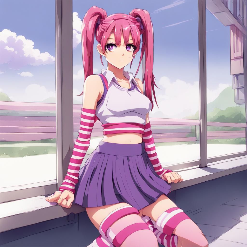 Anime Girl with Pink Hair and Striped Leg Warmers