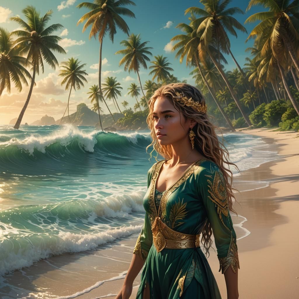 Vibrant Beach Scene with Towering Palms in 8K