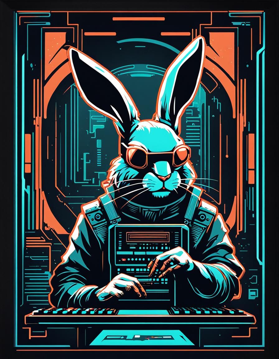 Cyborg Rabbit Synthesizer in Cyberpunk Art Deco Style