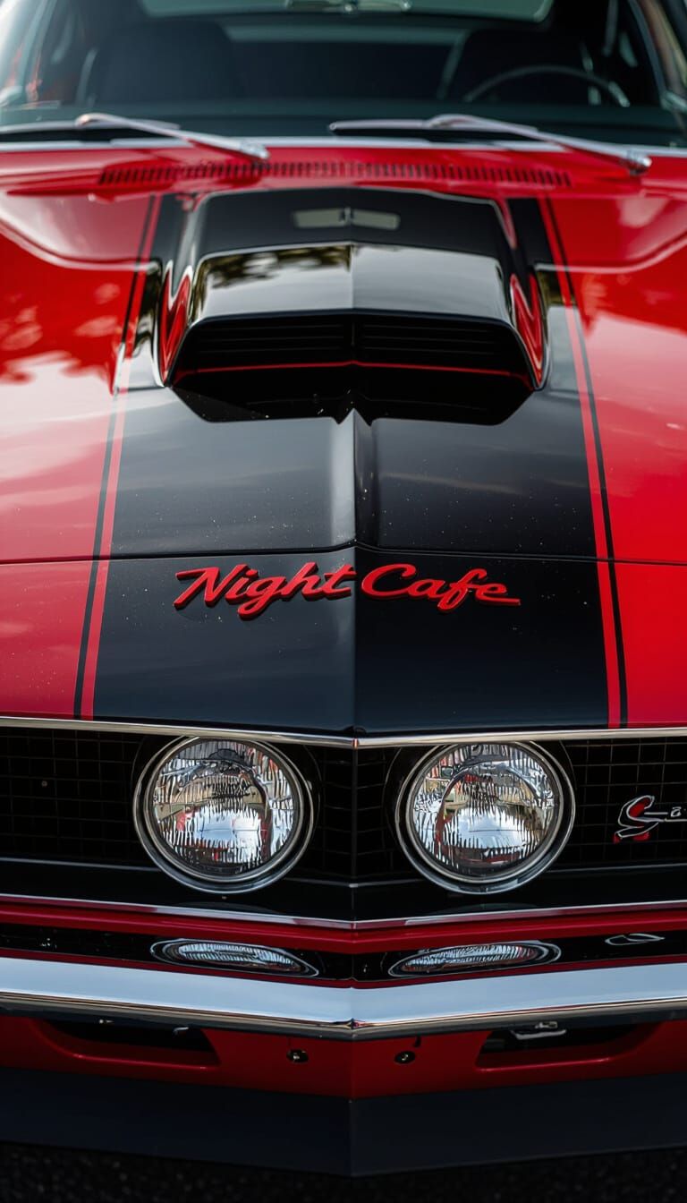 Vintage Muscle Car Close-Up with Crimson Emblem
