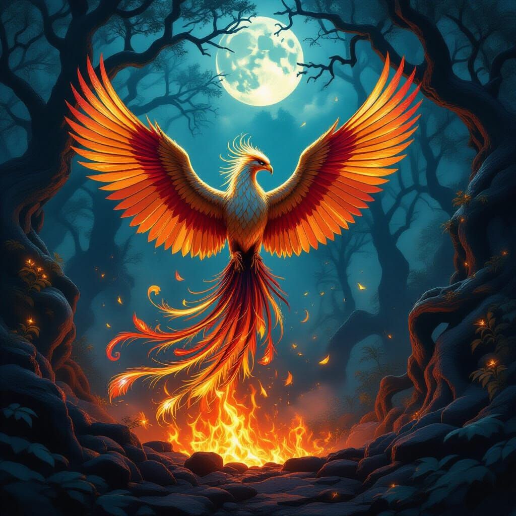 Majestic Phoenix Rises From Embers in Fantasy Art Style