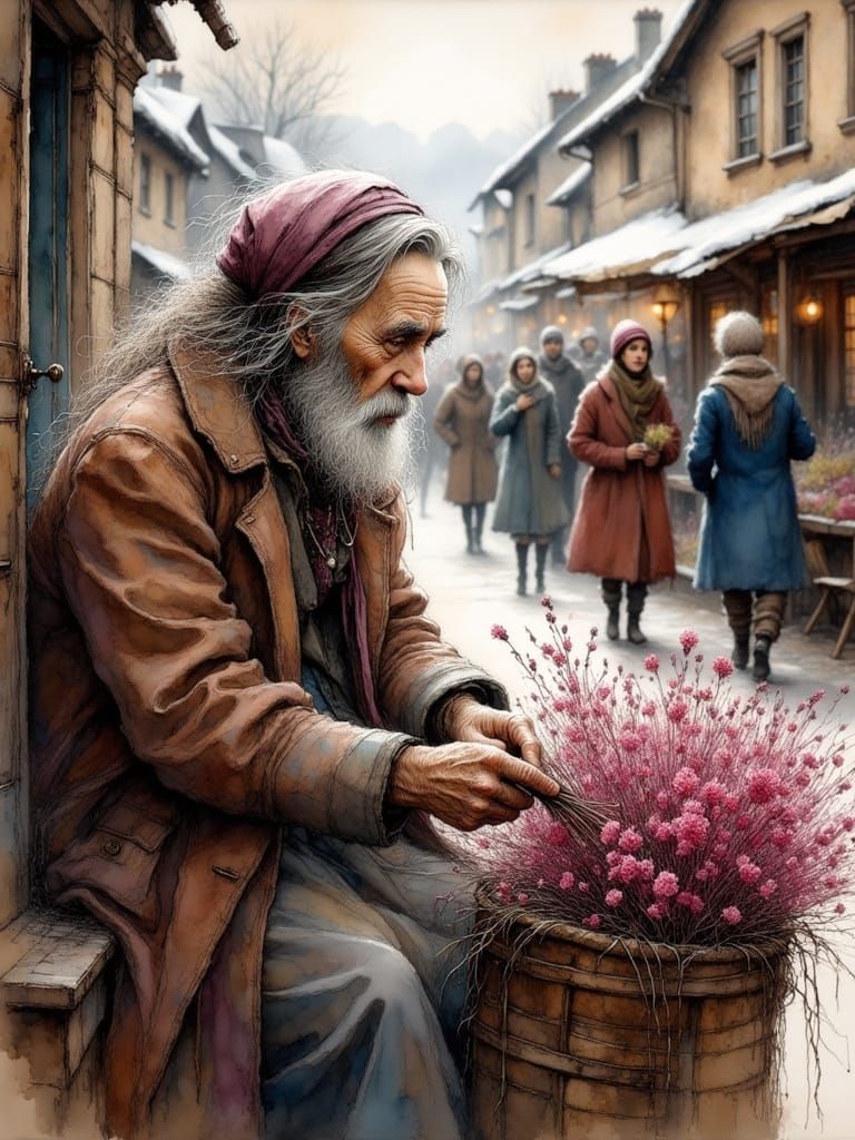 Elderly Woman Sells Heather at Snowy Village Market
