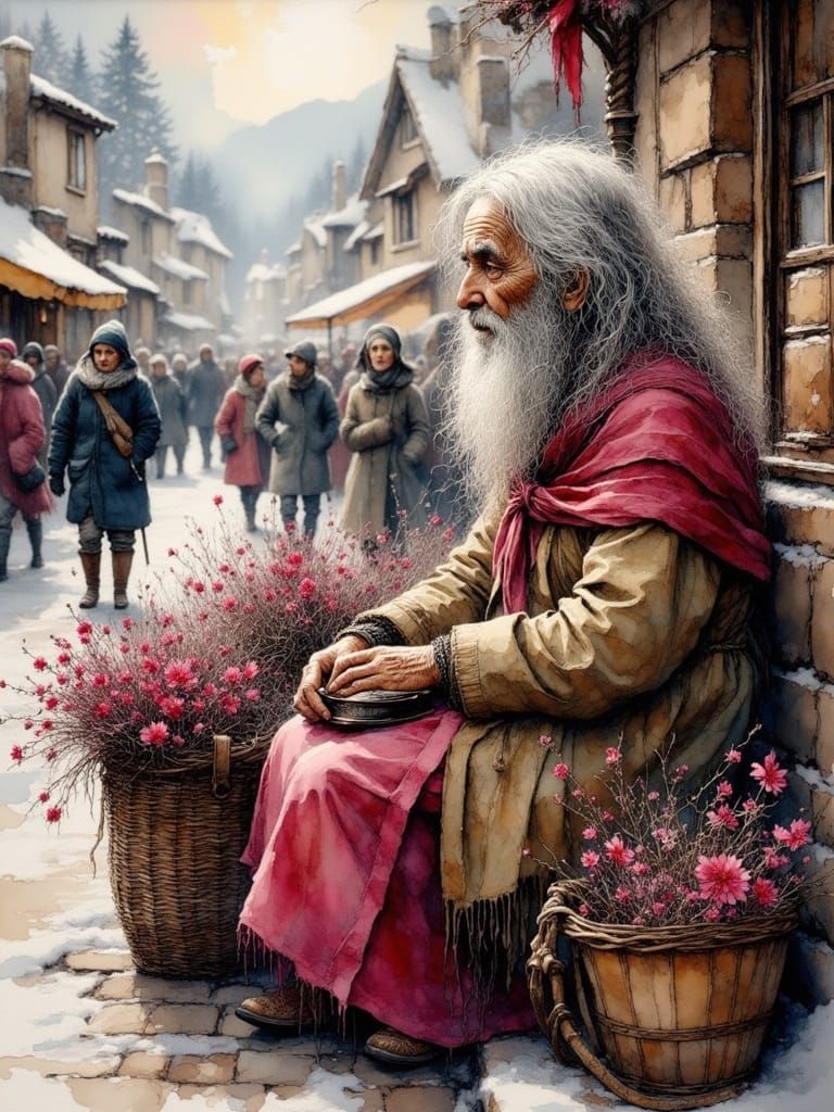 Elderly Woman Sells Heather at Snowy Village Market
