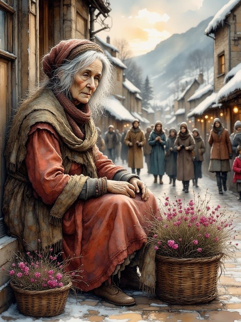 Elderly Woman Sells Heather at Winter Market