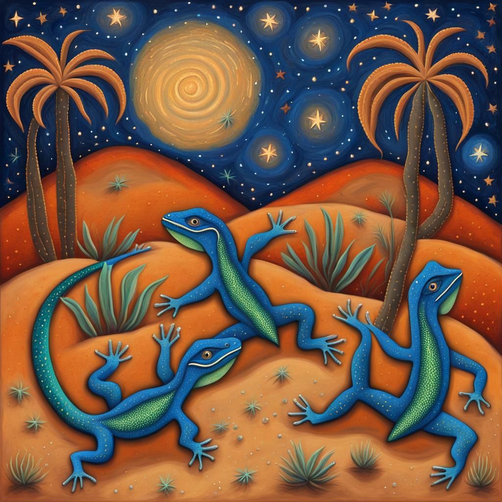 Lizards Dancing on Starlit Desert Night