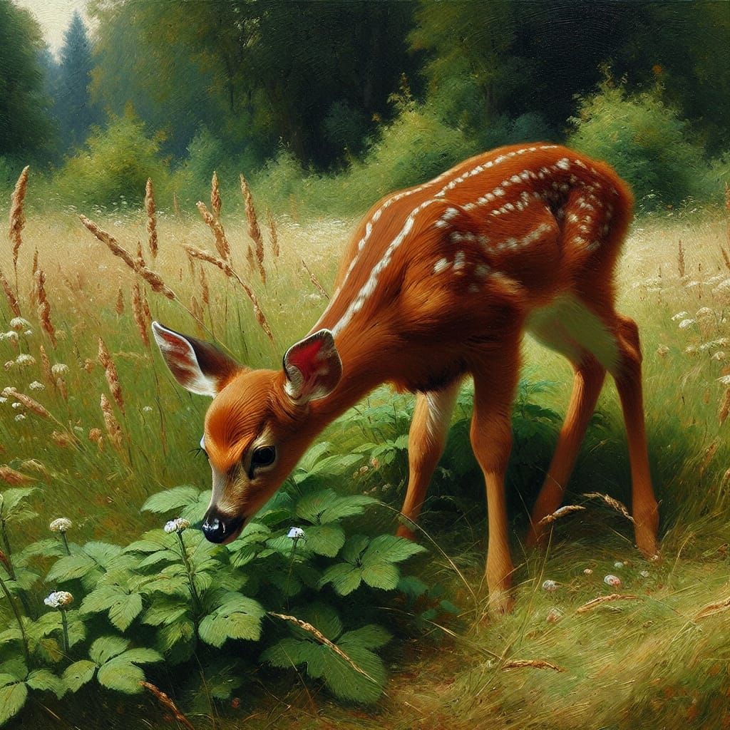 Fawn in a Realist Oil Painting Meadow Scene