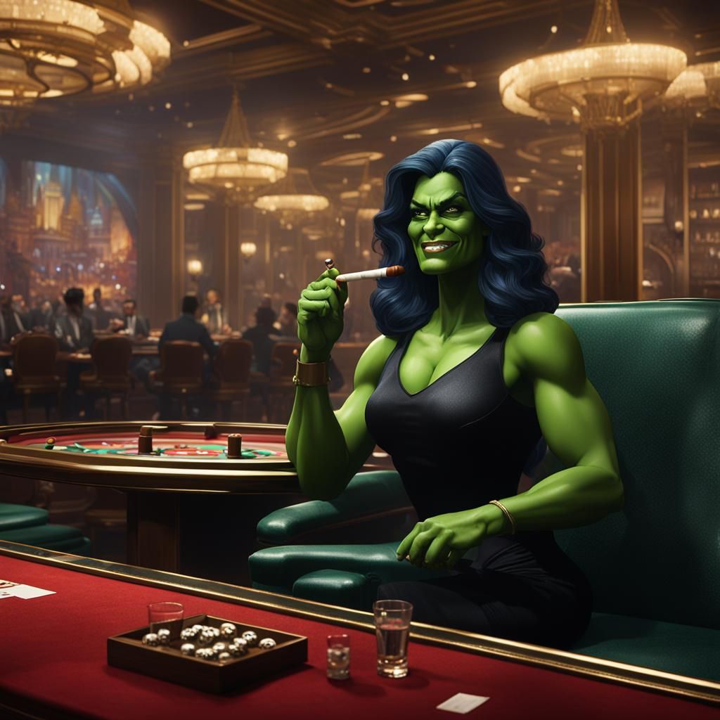 She-Hulk Smoking Cigar in Monaco, Detailed Matte Painting