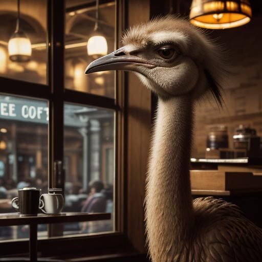 Hyperrealistic Ostrich Drinks Coffee in Shop