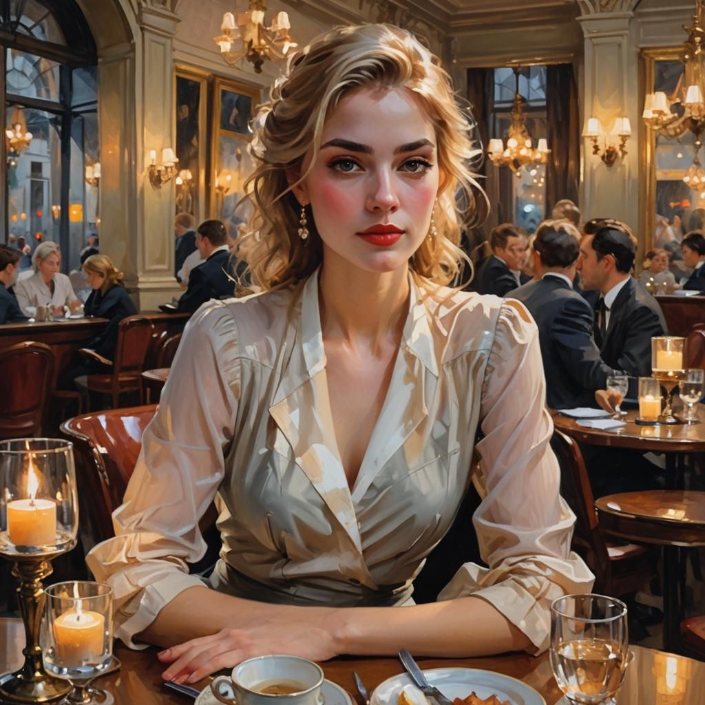 Elegant Woman in Paris Cafe: Impressionist Portrait