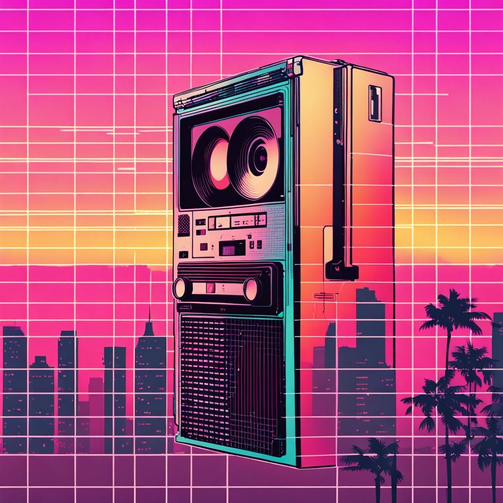 Vaporwave Cassette Recorder with Sunset and 80s Style