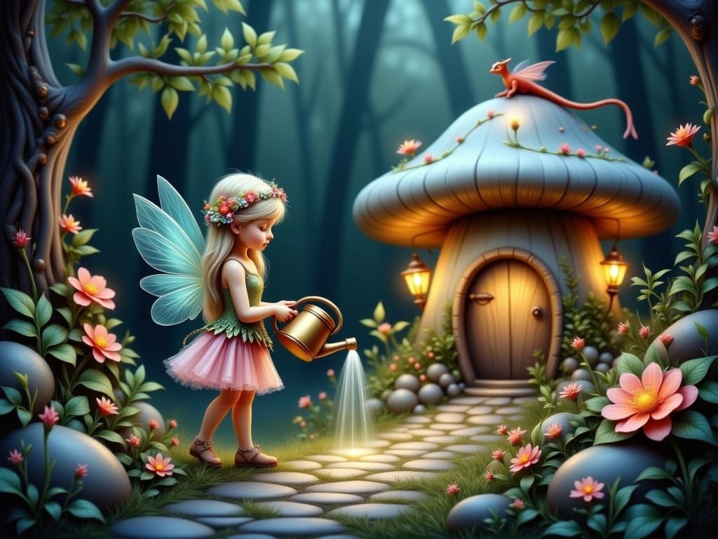 Delicate Fae Watering Fantasy Flowers in Moonlit Forest