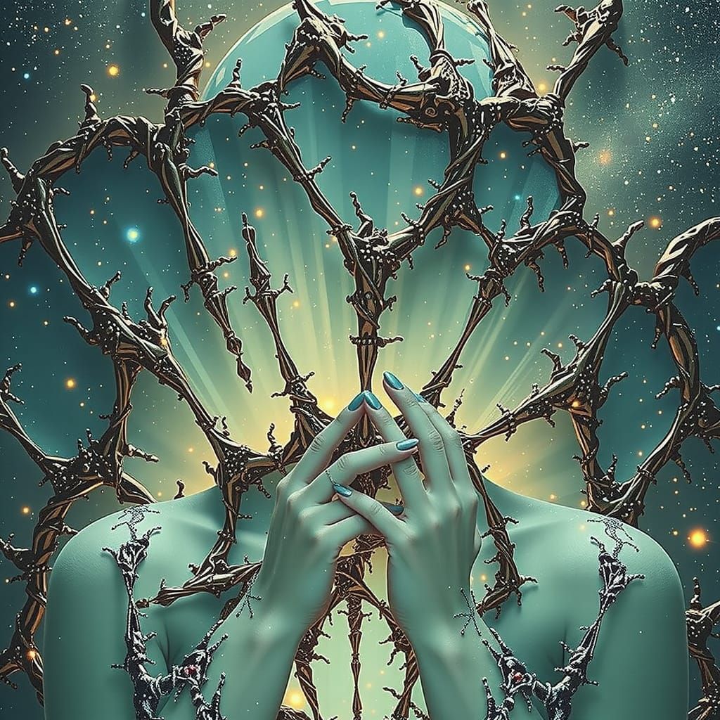 Woman in Starry Night Sky: Photorealistic Digital Art