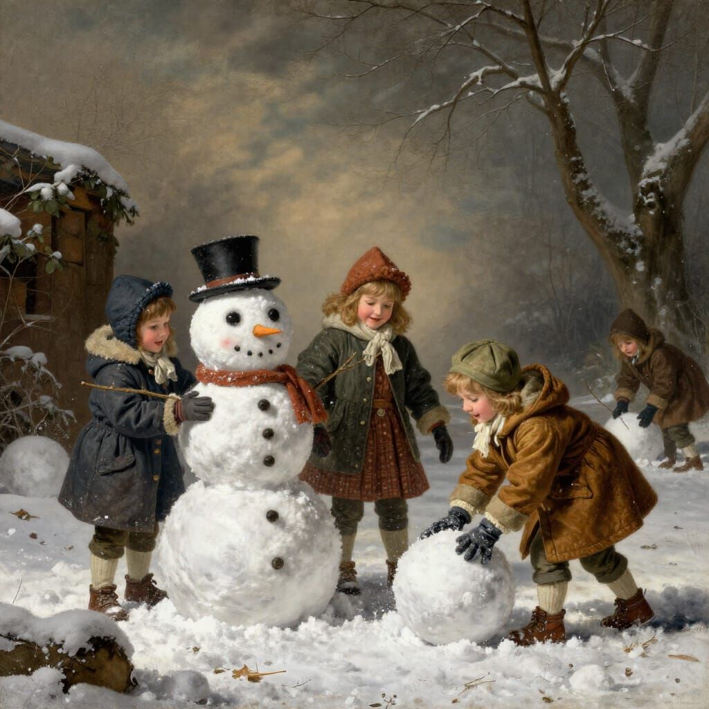 Joyful Winter Play: Children Build Snowmen in Luminous Style