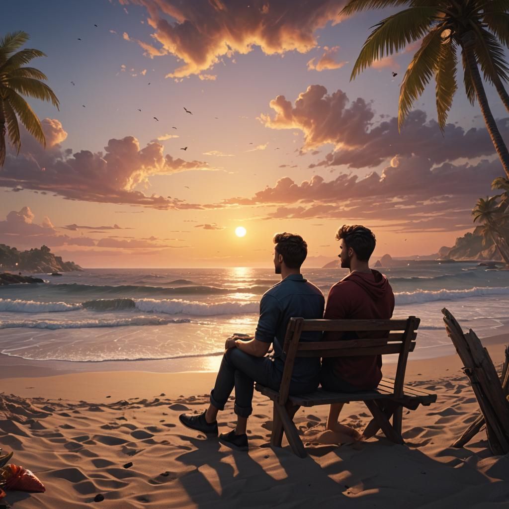 Gay Couple on Beach at Sunset: Fantasy Concept Art