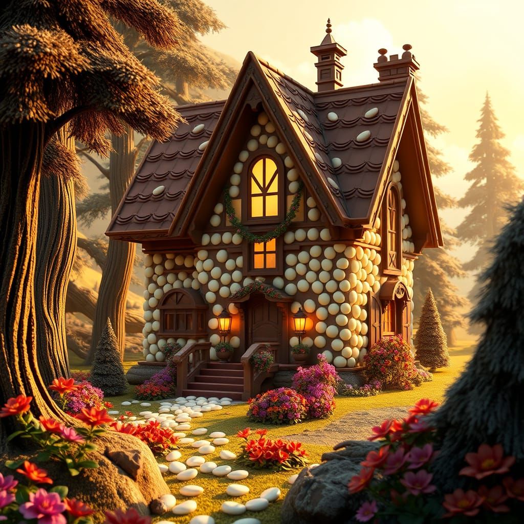 Majestic Chocolate House with Chocolate Trees: 3D Rendering