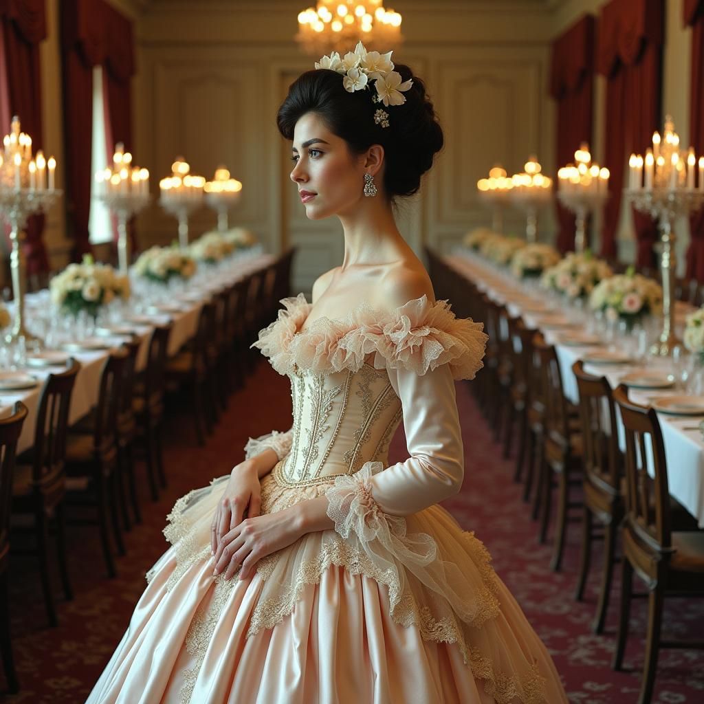 Elegant 1860s Lady in Silk Gown, Pre-Raphaelite Style