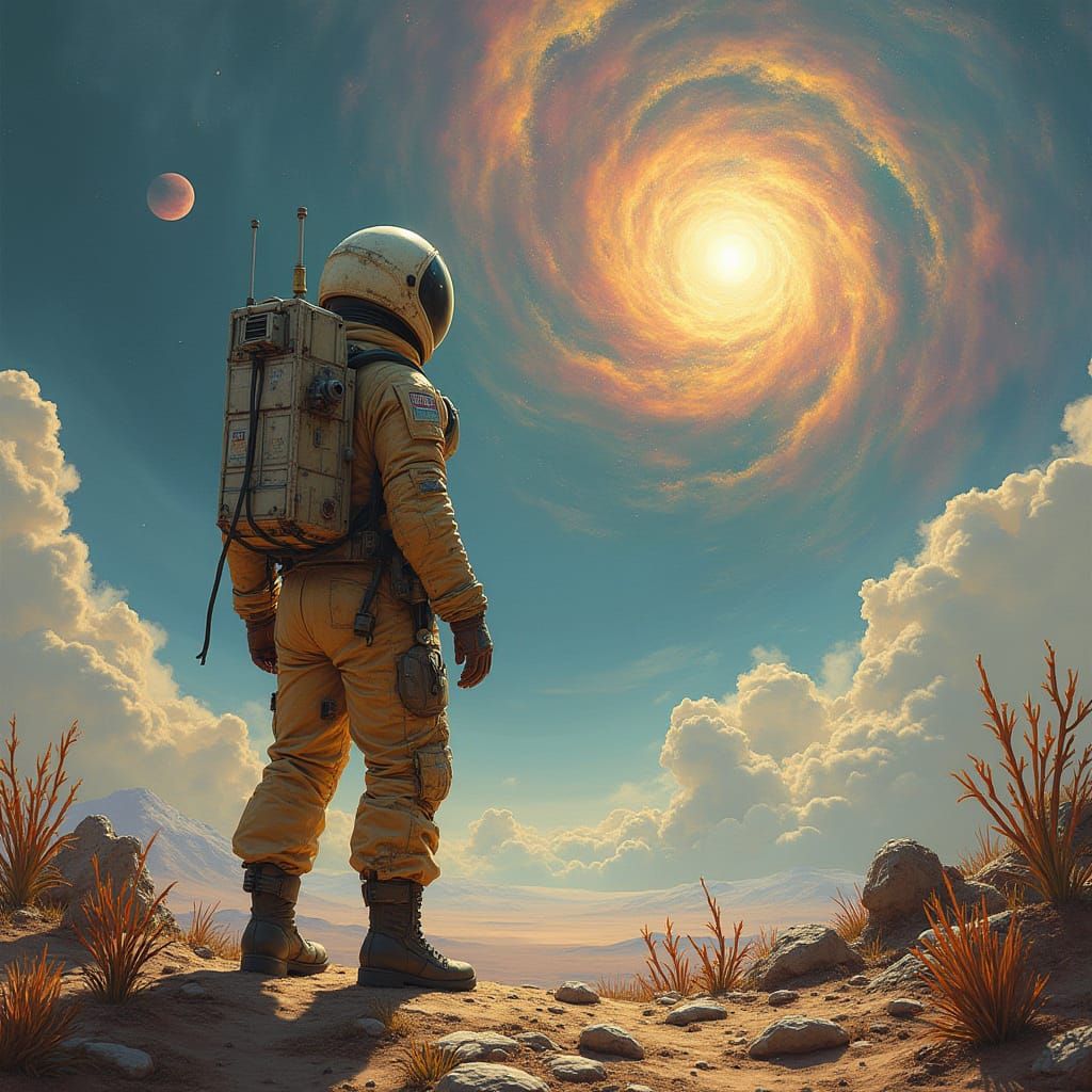 Astronaut on Alien Planet Gazing at Nebula in Sci-Fi Art