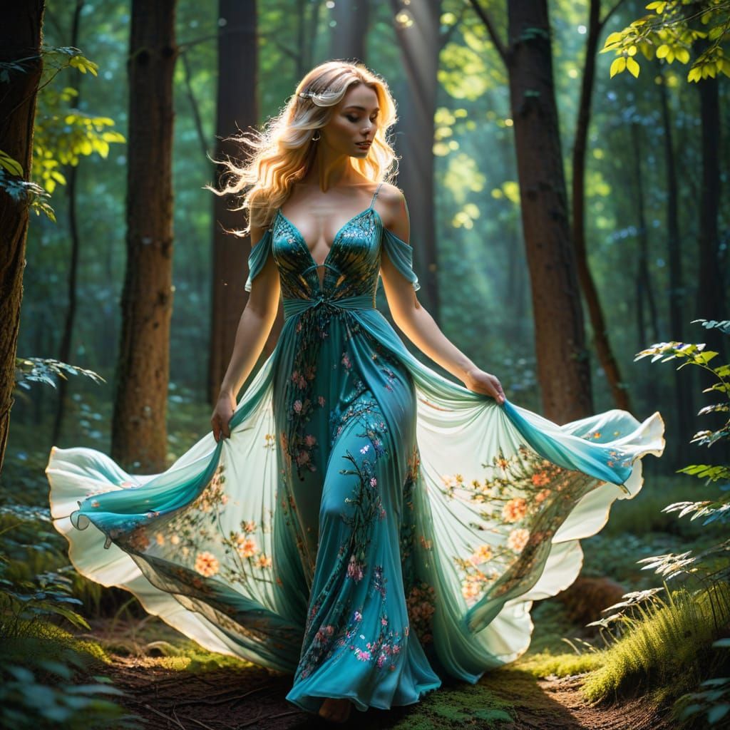 Glowing Goddess in Floral Dress Among Forest Trees