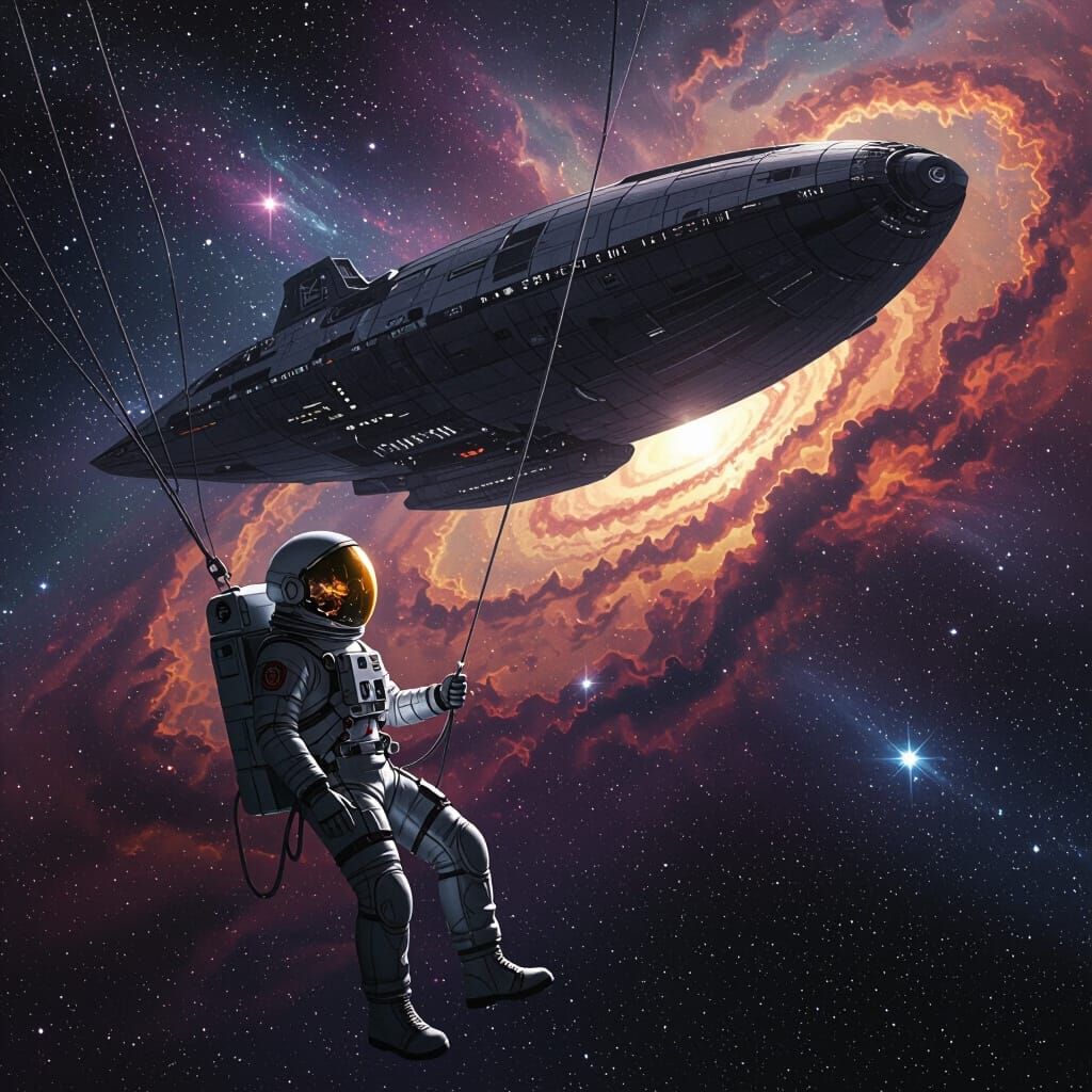 Astronaut and Whale-like Spaceship in Cosmic Horror Style