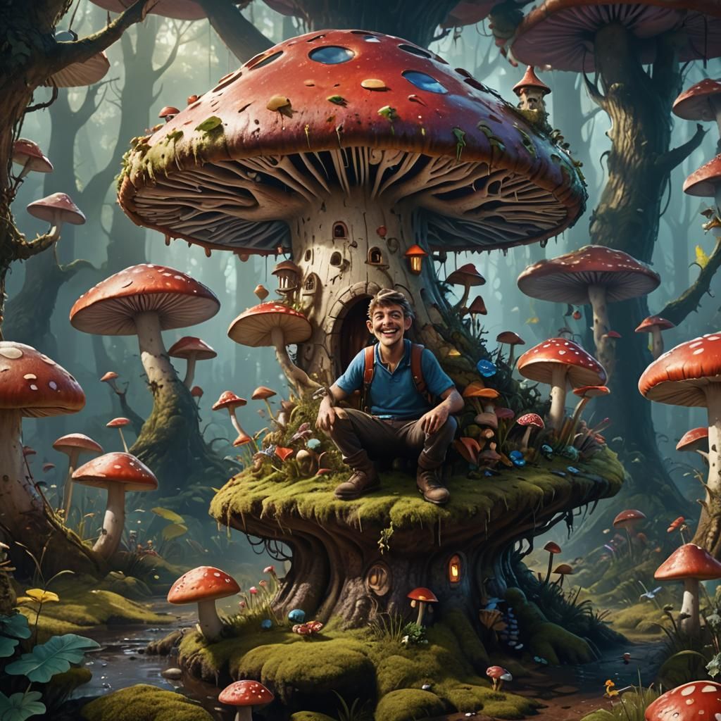 Happy Man Under Toadstool: Detailed Fantasy Art