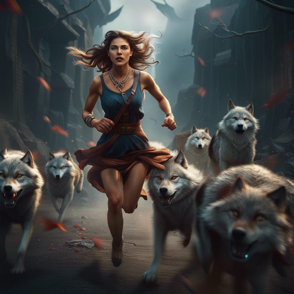 Woman Running with Wolves: Detailed Fantasy Art
