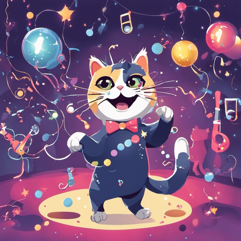 Disco Cat Dancing with Animals and Bubbles