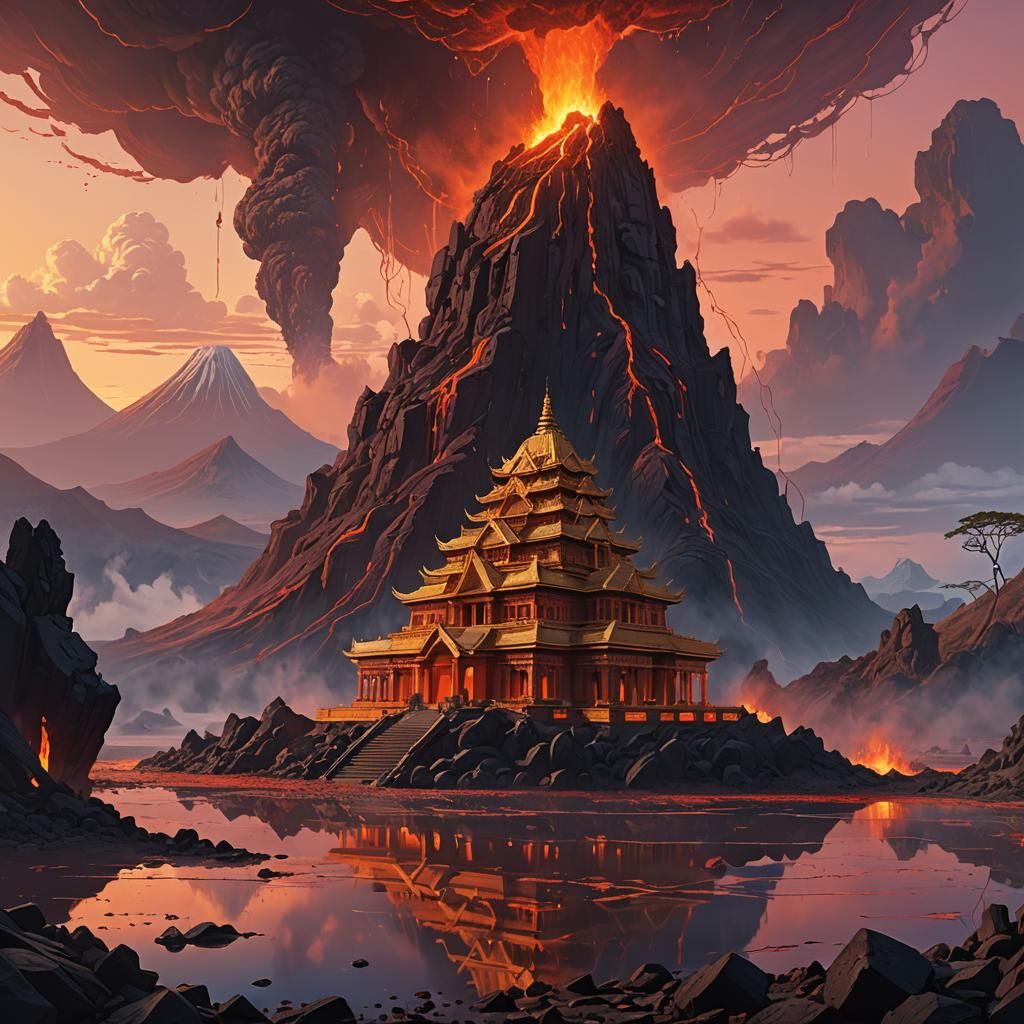Hindu Temple at Volcanic Lake: Fantasy Art