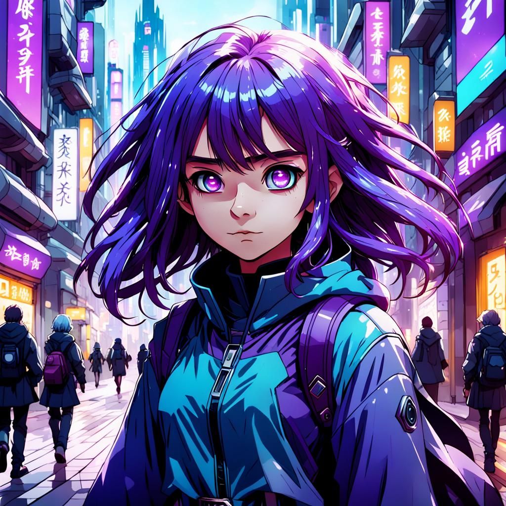 Cute Purple-Haired Wizard in Futuristic City, Anime Style