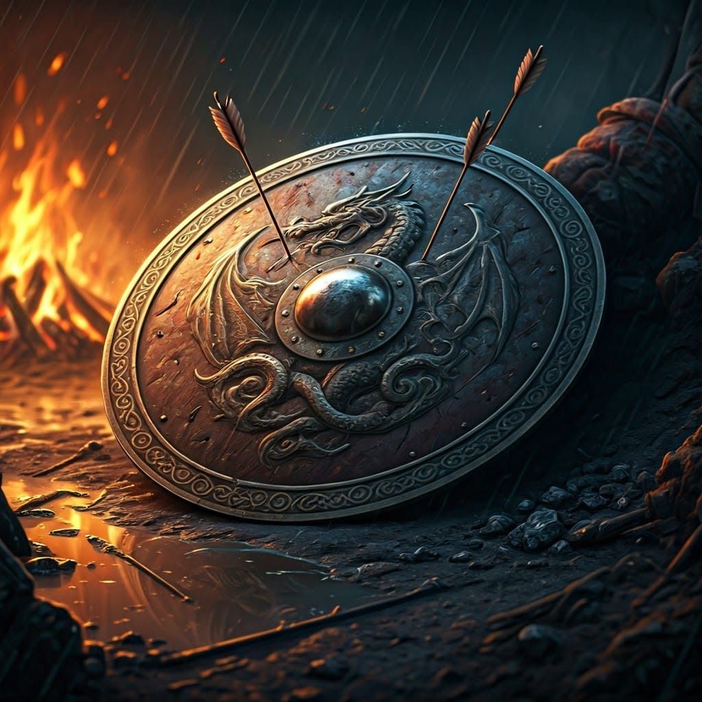 Discarded Athuran Shield in Ruins, Post-Apocalyptic Landscap...