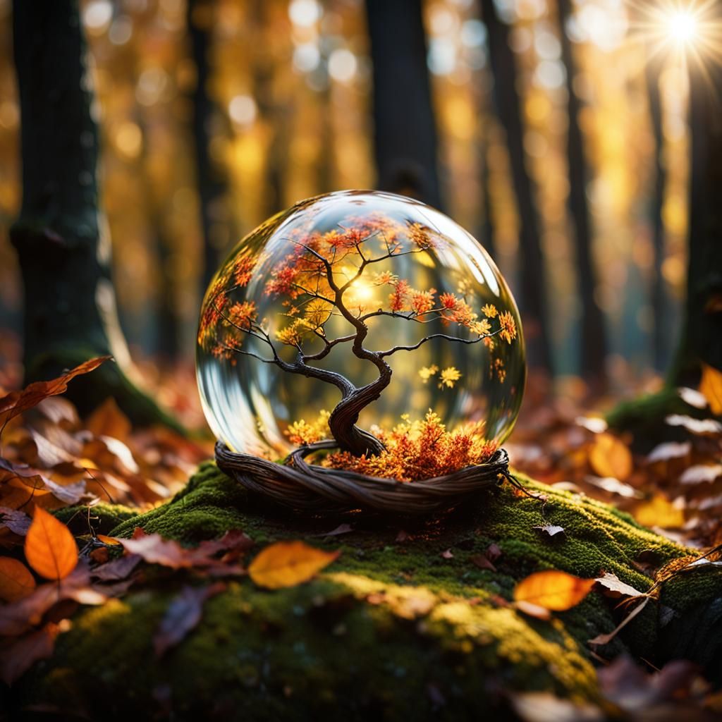 Autumn Forest Inside Translucent Orb: Macro Photography