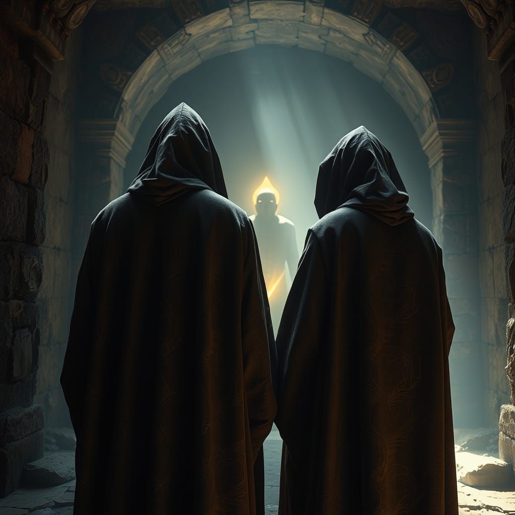 Mysterious Figures in Ancient Chamber, Illuminated by Ethere...