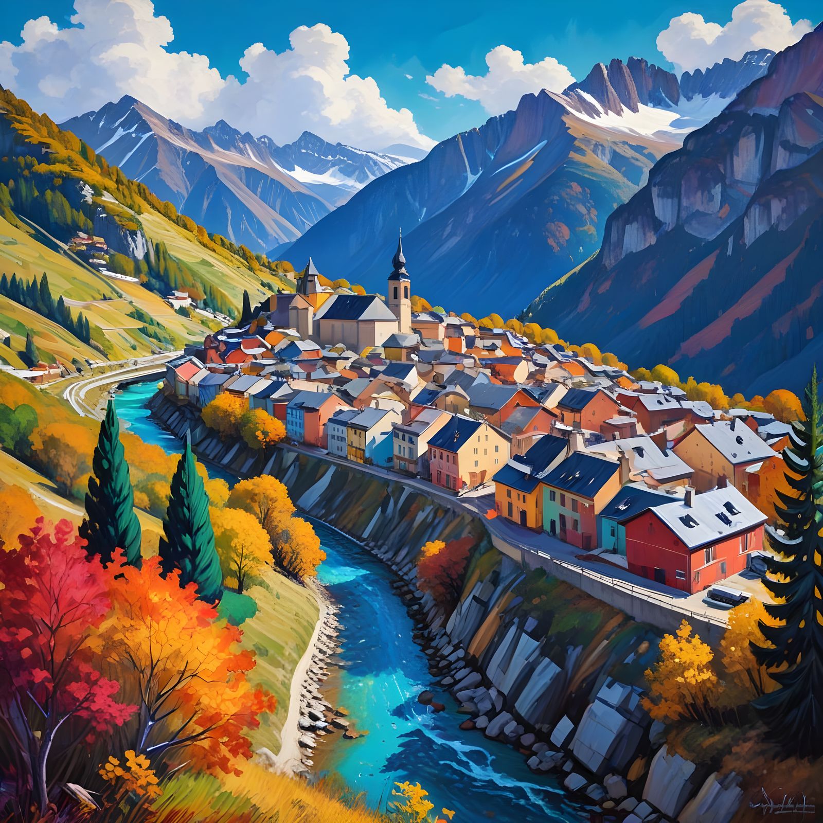 Vibrant Fauvist Landscape of a French Alpine Town