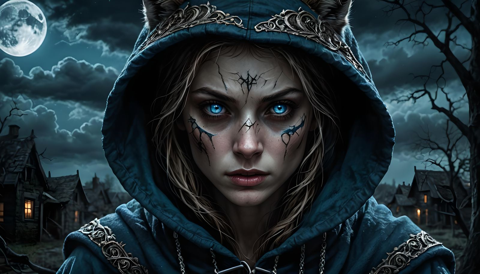 Hooded Woman Awaits Full Moon: Hyperrealistic Image