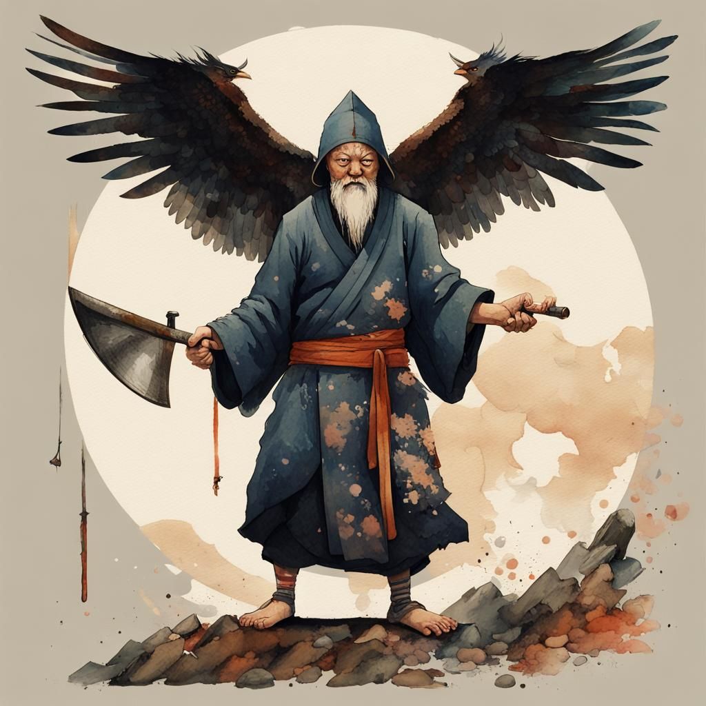 Sparrow Birdman Warrior Monk in Edo Watercolour Style