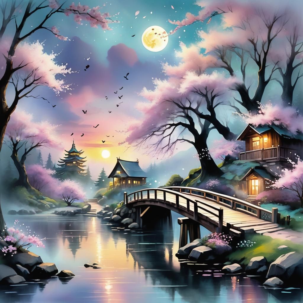 Moonlit Cherry Blossom Bridge in Watercolor Style