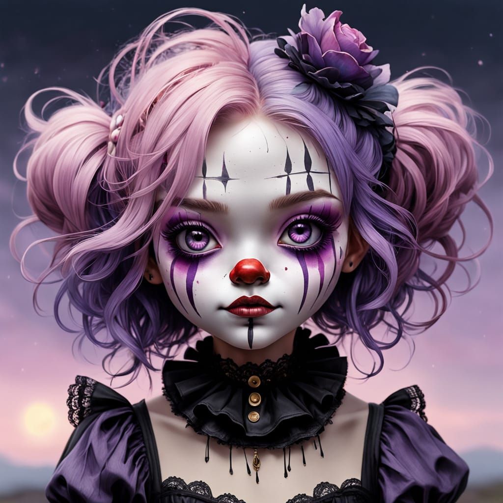 "Whimsical chibi clown girl, extremely detailed and expressi...