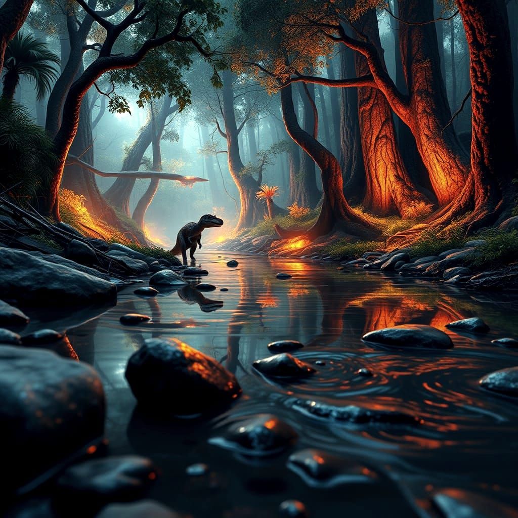 Jurassic Forest Reflected in Stream: Oil Painting