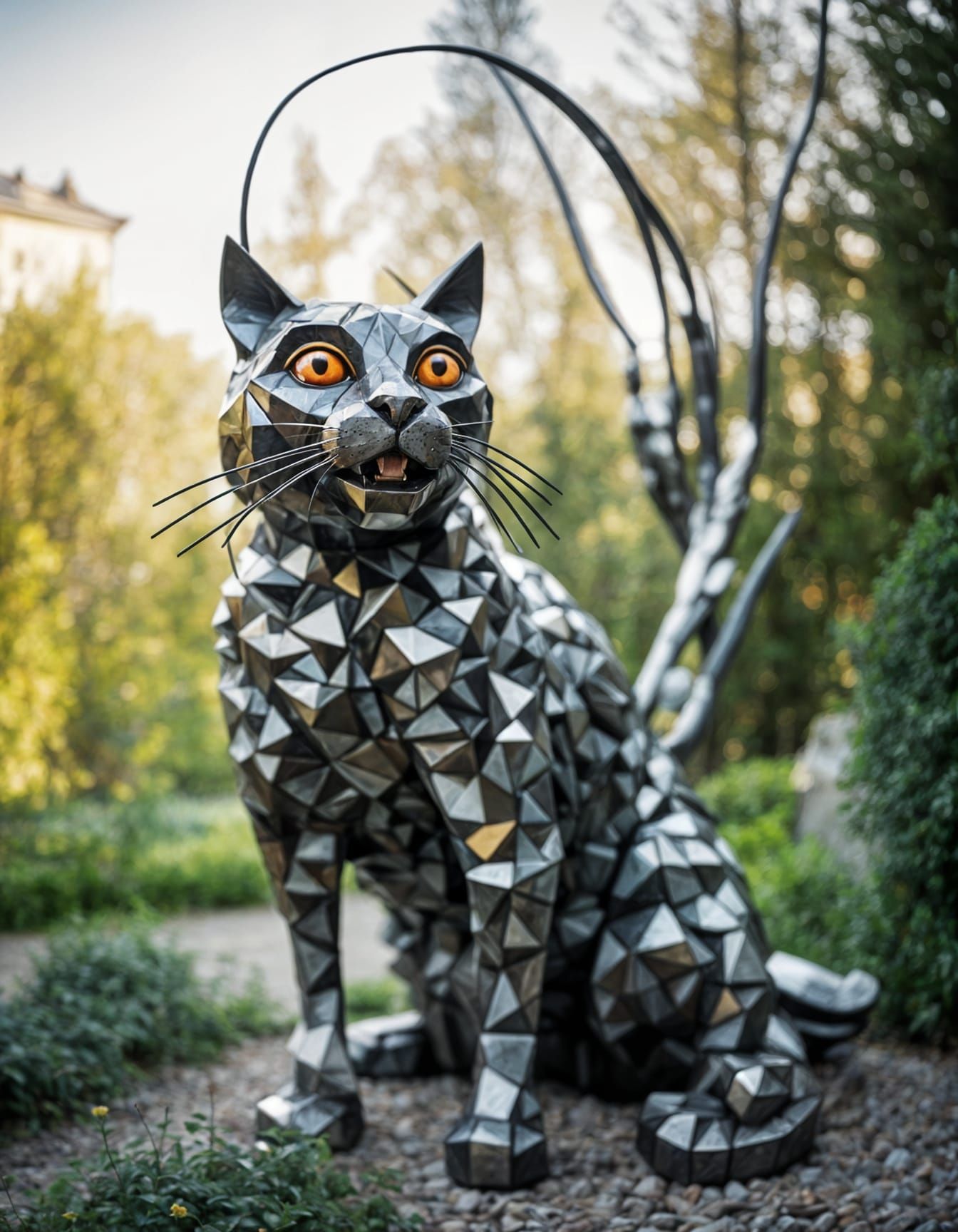 Abstract Giant Cat Sculpture in Metallic Style
