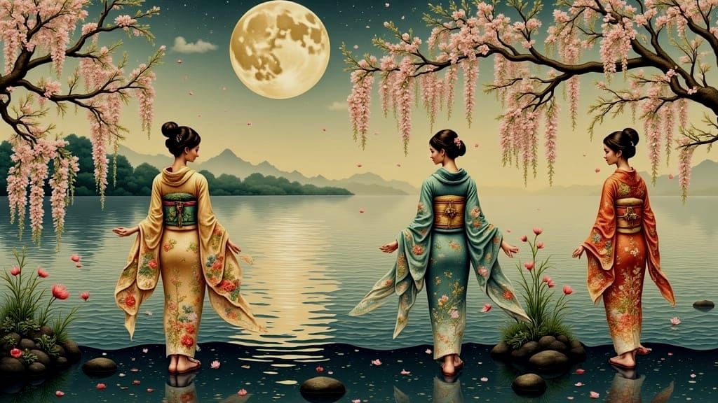 Serene Maidens in Moonlit Japanese Landscape