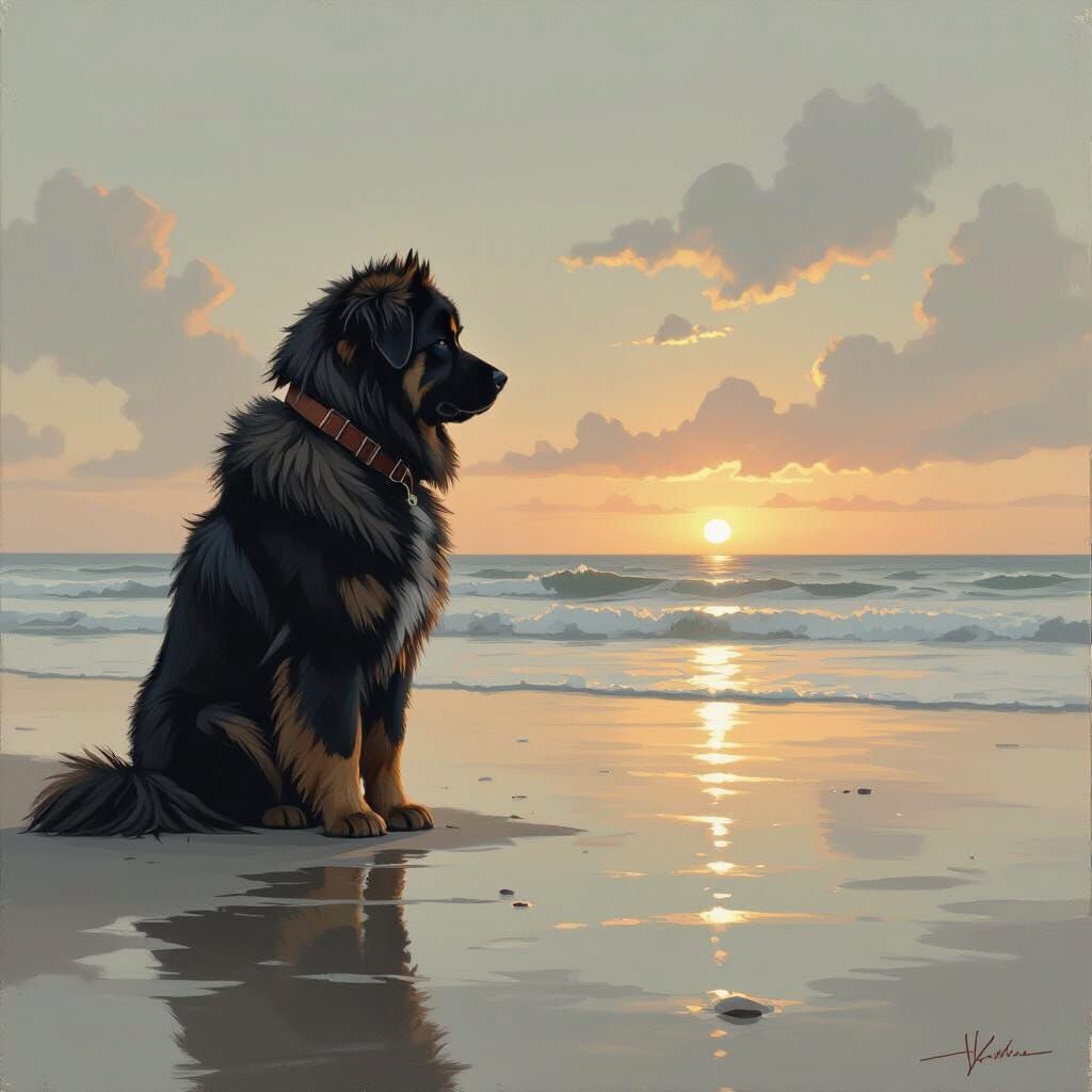 Tibetan Mastiff Gazes at Ocean Horizon Reflection