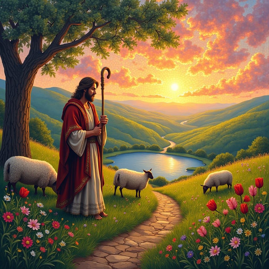 Majestic Shepherd in Mosaic Style Guiding Flock