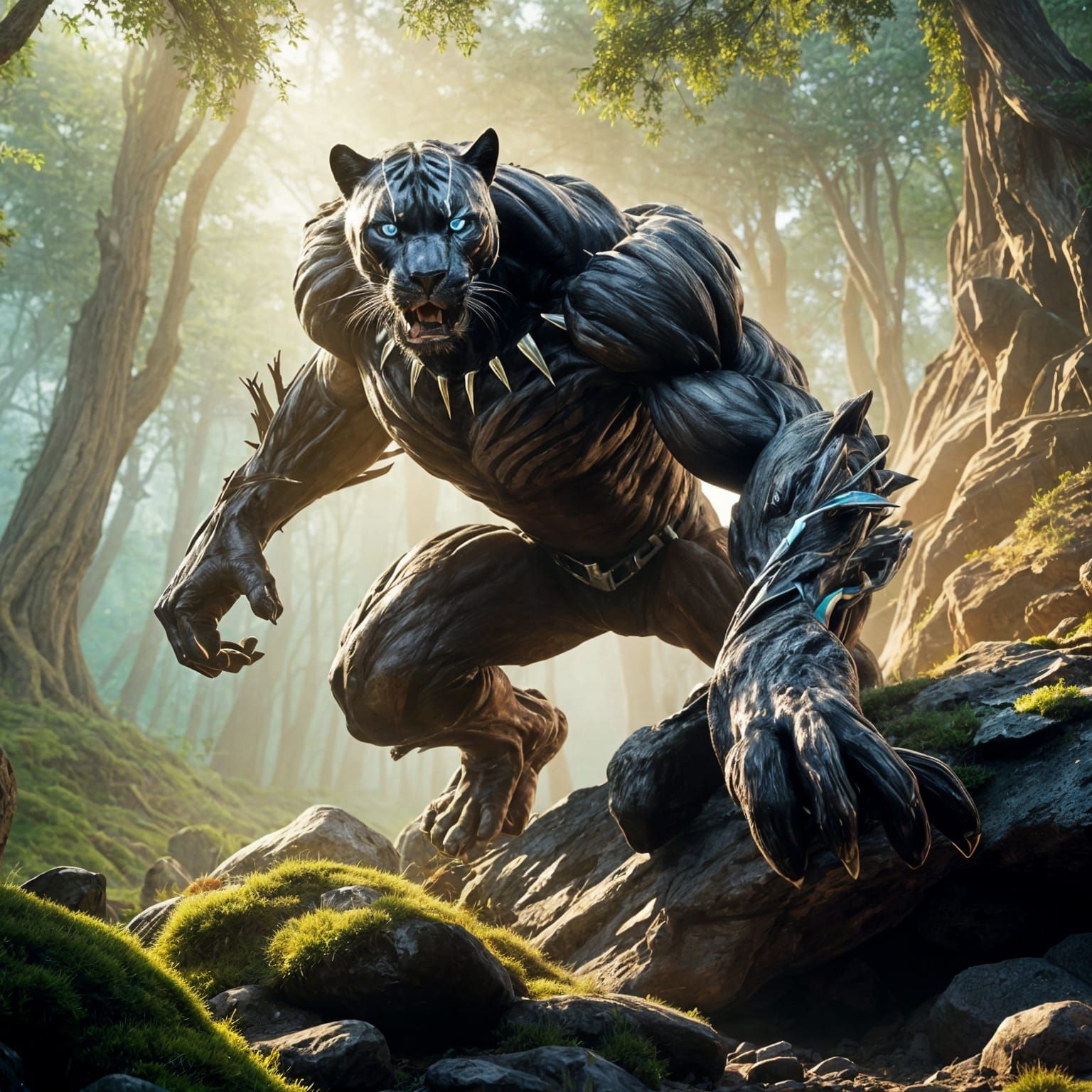 Panther Pouncing From Boulder