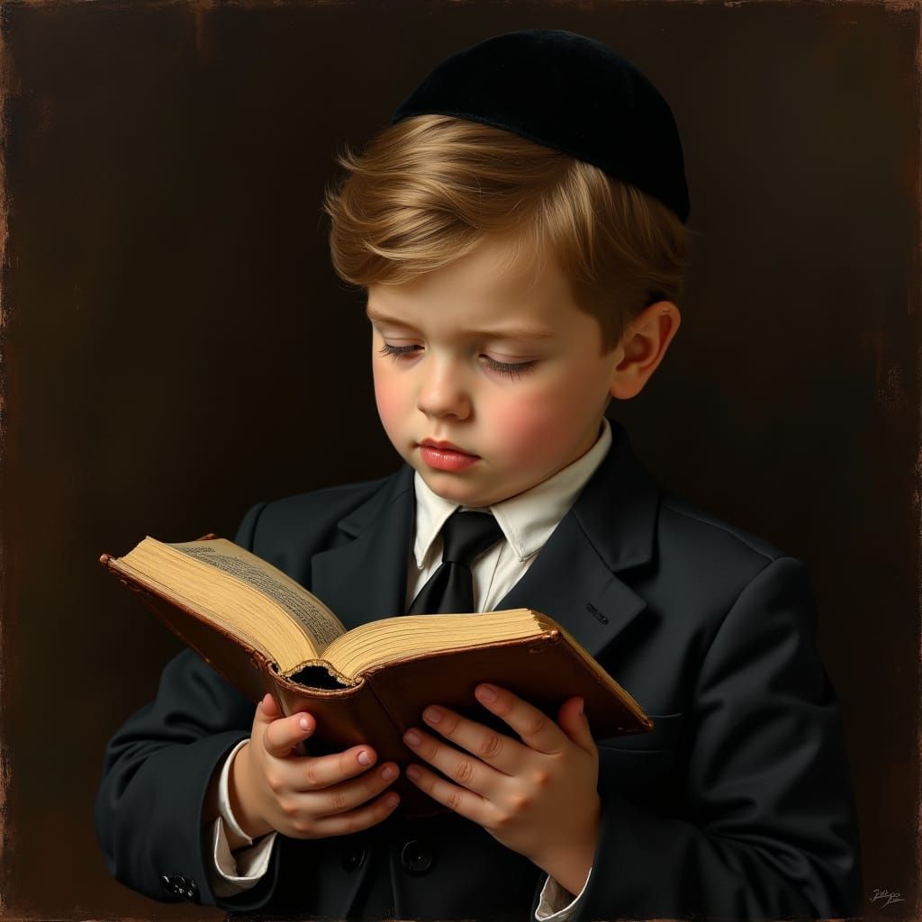 Hasidic Boy in Prayer, Oil Painting Style