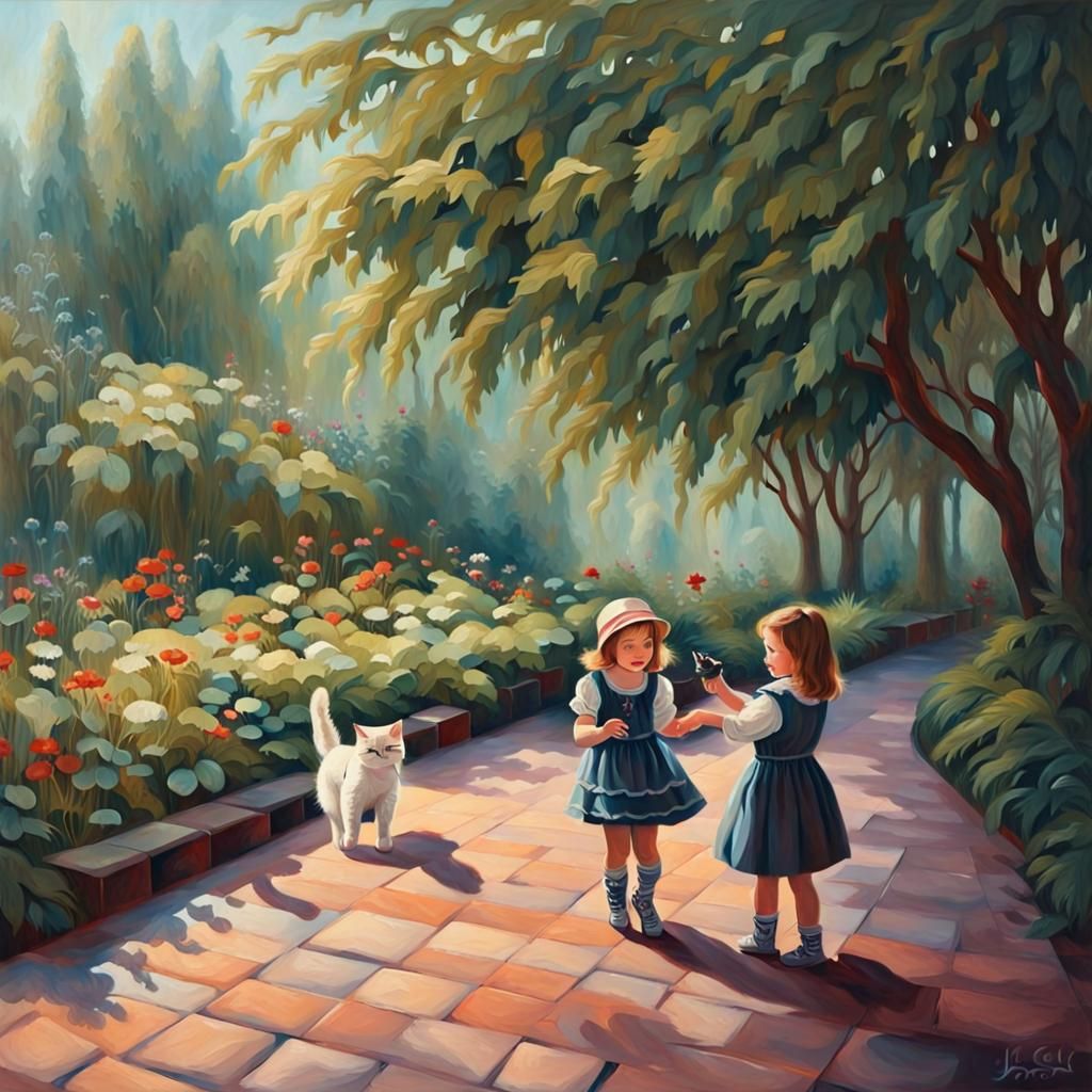 Girl and Kitten in Garden: Oil Painting