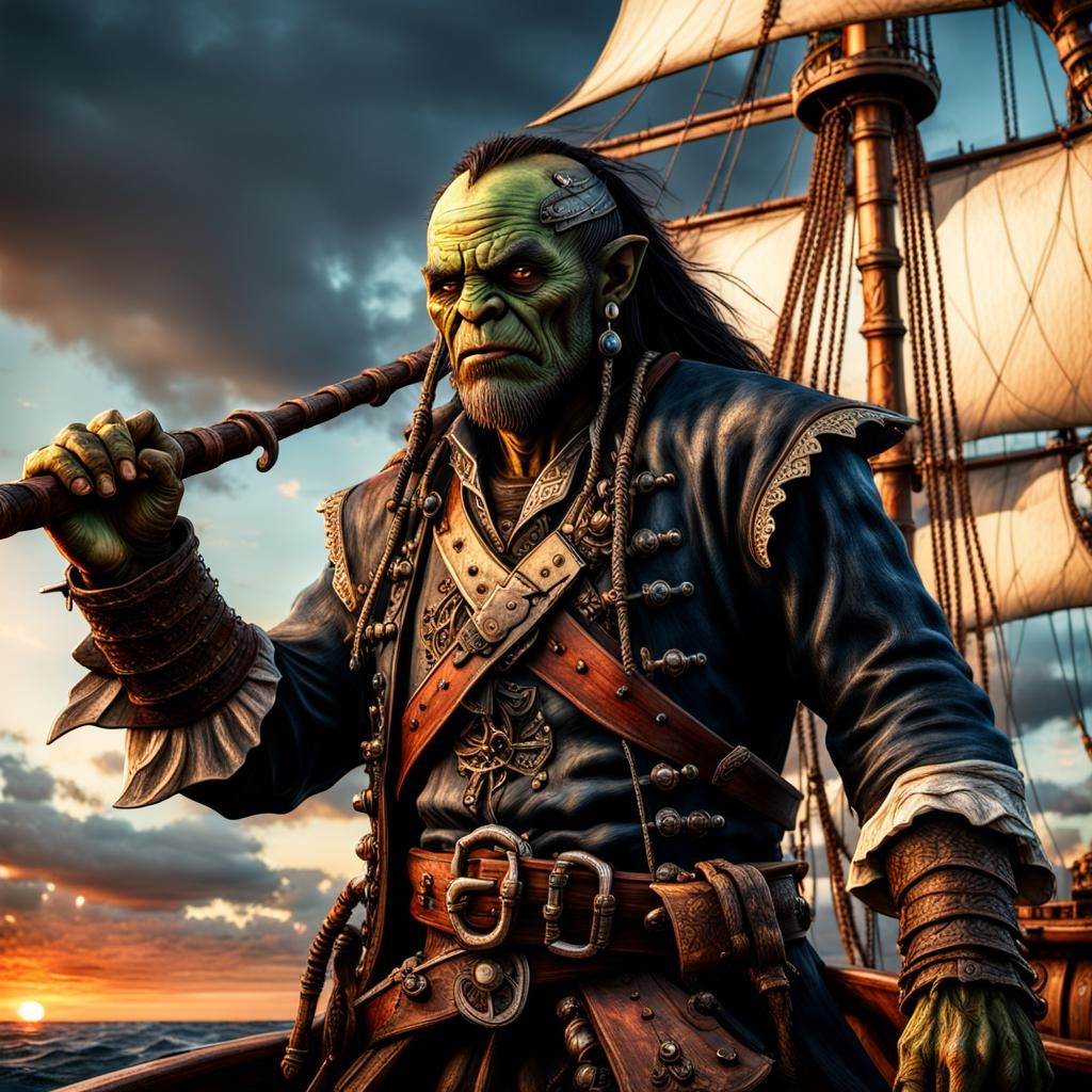 Fierce Orc Pirate on Ship at Sunset