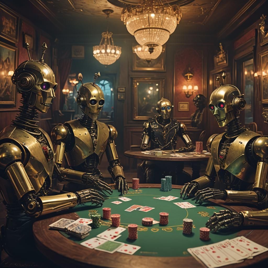 Robots Play Poker in Dim Saloon: Surreal Film Still