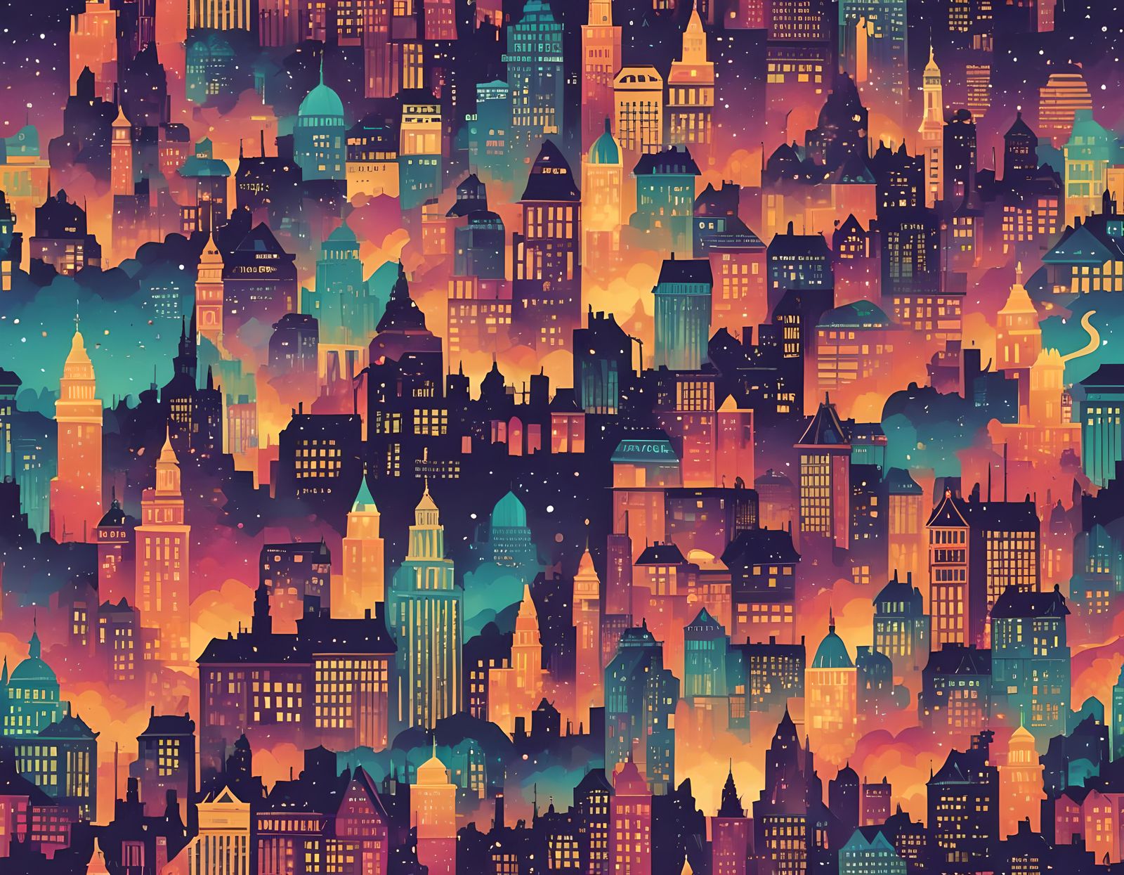 Colorful Cityscape Silhouettes Distorted by Gravitational Wa...