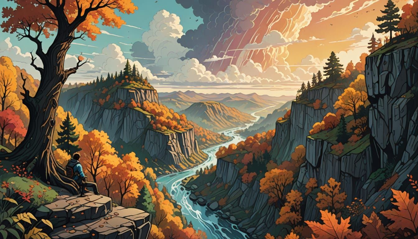 Autumnal Landscape with River and Forest in Dusk