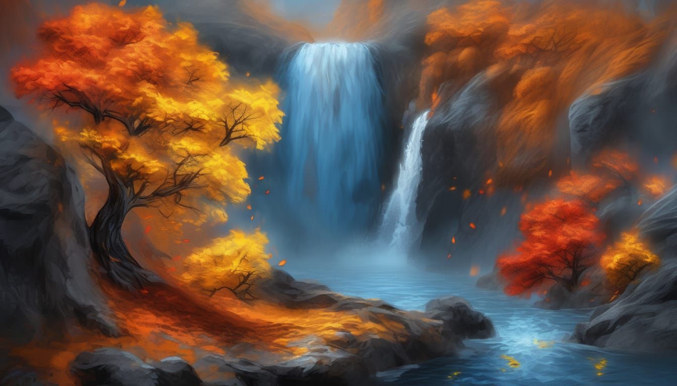 Vibrant Tree Amidst Fiery Waterfall in Dark Fantasy Oil Pain...