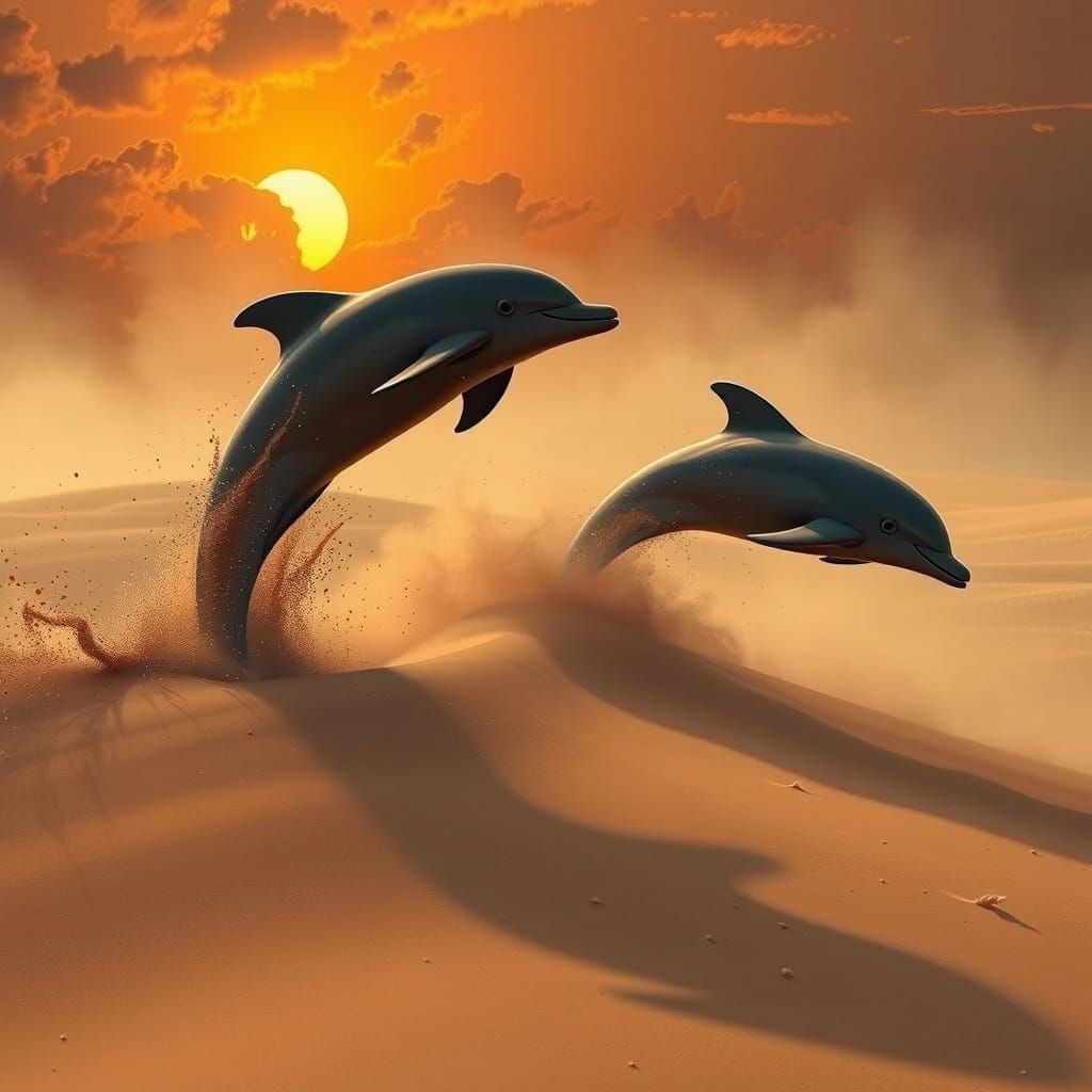 Sand Dolphins Breach Desert Dunes at Dusk